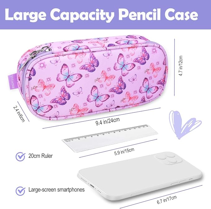 RHCPFOVR Kids Pencil Case for Girls-Soft Zipper Large Capacity Pencil Pouch for Girls Pencil Case for School Pencil Bag for Toddler (Purple Butterfly)