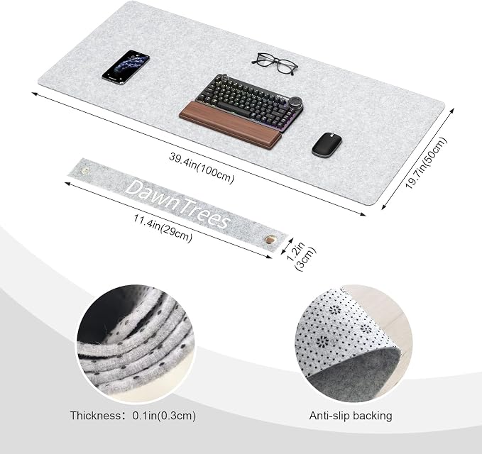 Large Felt Desk Mat,39.4''x19.69'' Non-Slip Desk Pad Protector,Keyboard Mat,100x50CM Full Desk Mouse pad for Home and Office (Light Gray)
