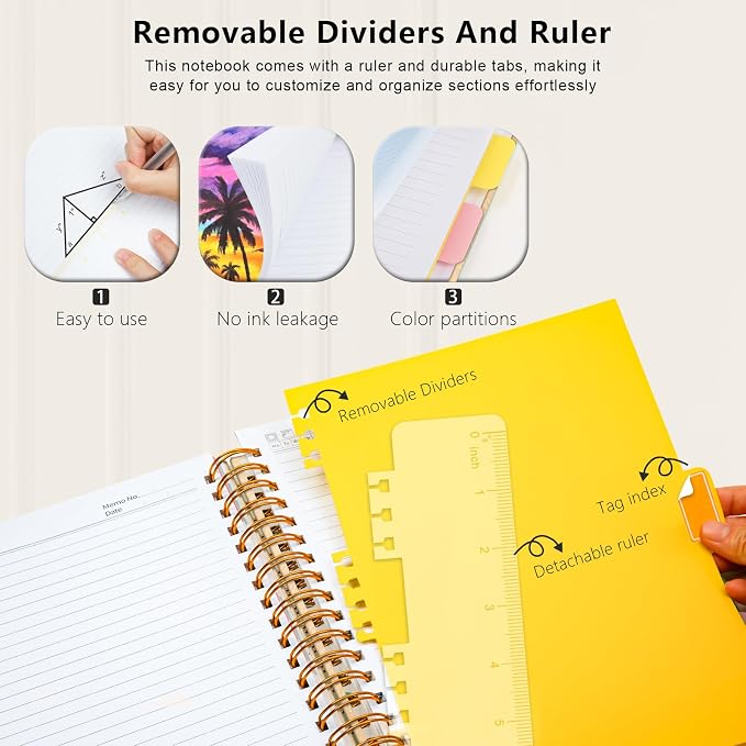 Hardcover Spiral Notebook College Ruled, 8"x10" Leather Journal Notebook with Magnetic Closure, 300 Pages 5 Subject Notebook with Dividers Tabs Journal for Women Men, Work, School(Golden)