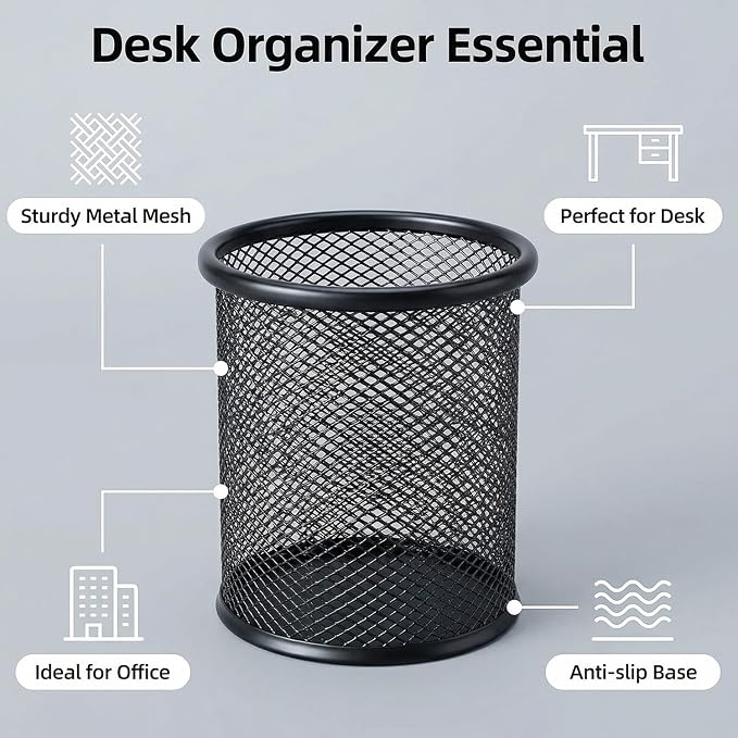 Pen Holder Mesh Pencil Holder Metal Pen Holder Pencil Holder for Desk Office Pen Organizer Black, 8 Pack