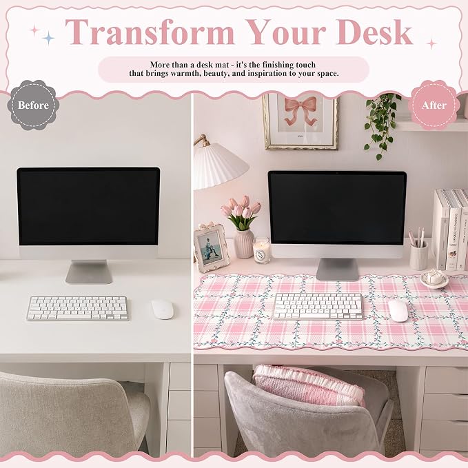 iCasso Vintage Floral Desk Mat, Large Mouse Pad, XXL Leather Scalloped Checkered Computer Mat, Back to School Girly Non-Slip Base Mousepad, Pink Desk Accessories for Home Office (Light Pink)
