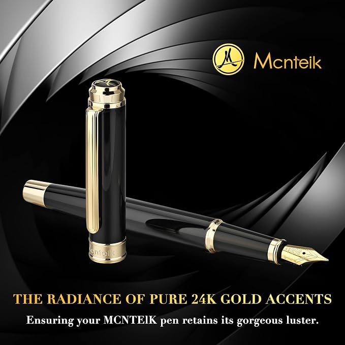 MCNTEIK 317 Fountain Pen,Stunning Luxury Piano Lacquer,18K Gilded Nib(Medium),Gorgeous 24K Gold Finish, Ink Converter,Trustworthy Gift for Men&Women-Elegant,Executive,Nice Pens for Writing, BK-M