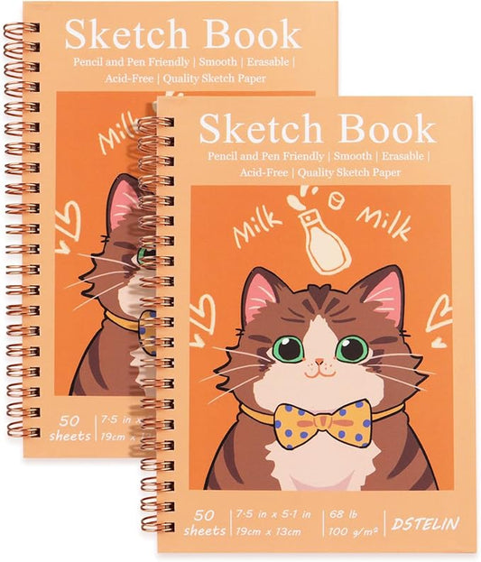 DSTELIN 2 Pack Spiral Bound Sketchbooks (100 GSM Sketch Paper), 50 Sheets per Pack, 7.5" x 5.1" Sketchbook with Yellow Hard Cover for Painting, Drawing and Sketching