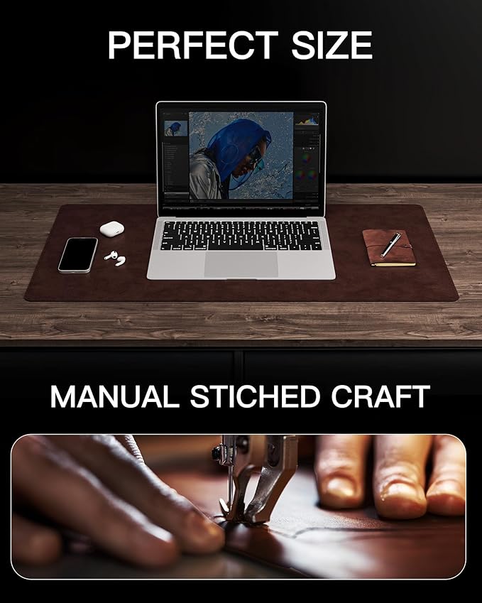 YSAGi Genuine Leather Desk Mat, 35.4"X17" Office Desk Pad, Thick Premium Table Pad with Stitched Line, Non-Slip Laptop Writing Pad with Rubber Base (Dark Brown, 35.4"x17")