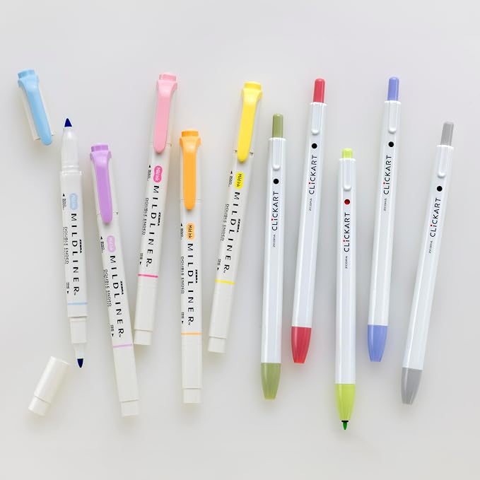 10-Pack Journaling Set - Zebra Pen Mildliner HL (5) & Clickart (5)