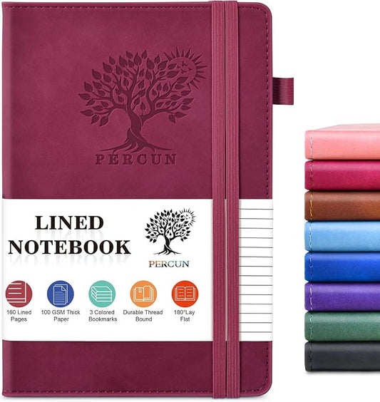 PERCUN A5 Leather Notebook Journal, 160 Lined Pages, 5.9" x 8.5" Wine Red | Leather Journal for Men Women, Hardcover Notebooks for work, school, business, travel diary, Note taking & Daily Journaling