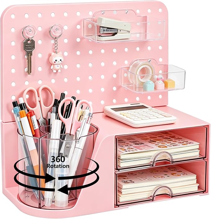 Desk Organizer with 360° Rotating Pen Holder, 5 Slots, 2 Drawers & Pegboard for Office School Art Supplies (Pink)