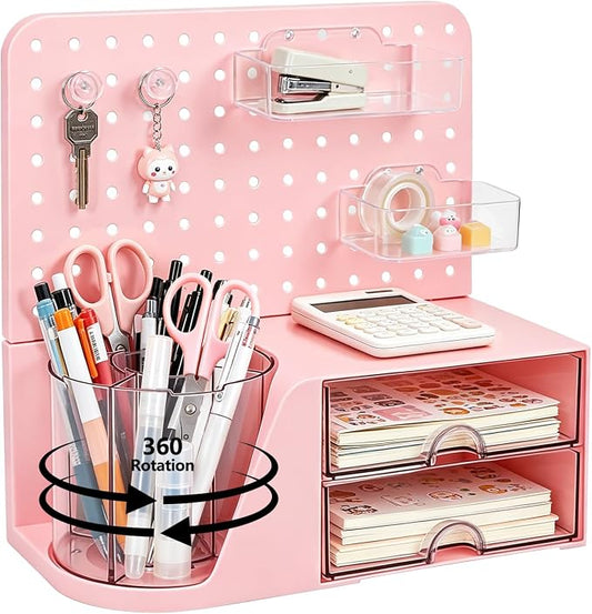 Desk Organizer with 360° Rotating Pen Holder, 5 Slots, 2 Drawers & Pegboard for Office School Art Supplies (Pink)
