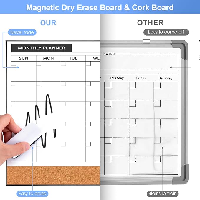 ARCOBIS Dry Erase Calendar with Cork Board for Wall, 11.6"x 15.7" Magnetic Calendar Whiteboard with Black Frame, Monthly Combination Board for School, Home, Office
