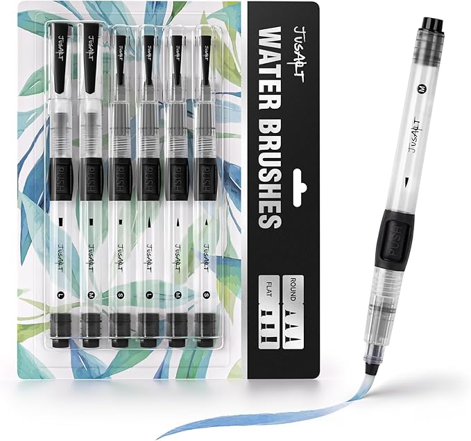 JusArt Water Brush Pens 6-Pack Leak-Proof Refillable Watercolor Pens for Acrylic and Gouache Painting - Includes Pointed & Flat Tip Styles - Portable Water Brushes for Artists, Beginners, Adults