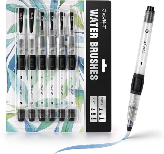 JusArt Water Brush Pens 6-Pack Leak-Proof Refillable Watercolor Pens for Acrylic and Gouache Painting - Includes Pointed & Flat Tip Styles - Portable Water Brushes for Artists, Beginners, Adults