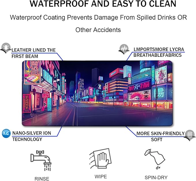 Japanese City Big Desk Mat Large Office Desk Pad, Durable Extended Mouse Mat, 31.5"x15.7" Computer Mousepad with Non-Slip Rubber Base & Stitched Edge for Home Office Gaming Work