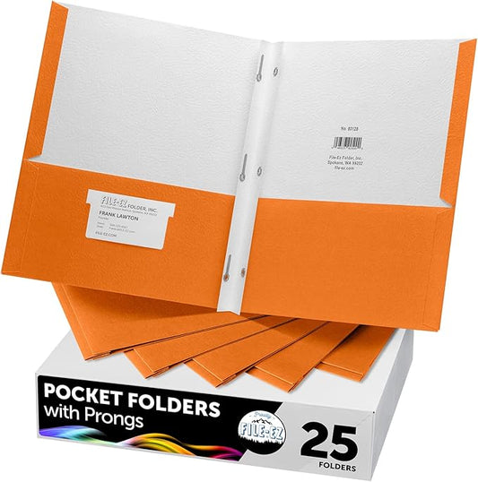 FILE-EZ Two-Pocket Folders with 3-Prong Fasteners, Orange Color, 25-Pack, Durable Textured Paper, Matte Finish, Letter Sheet Size (EZ-92565)
