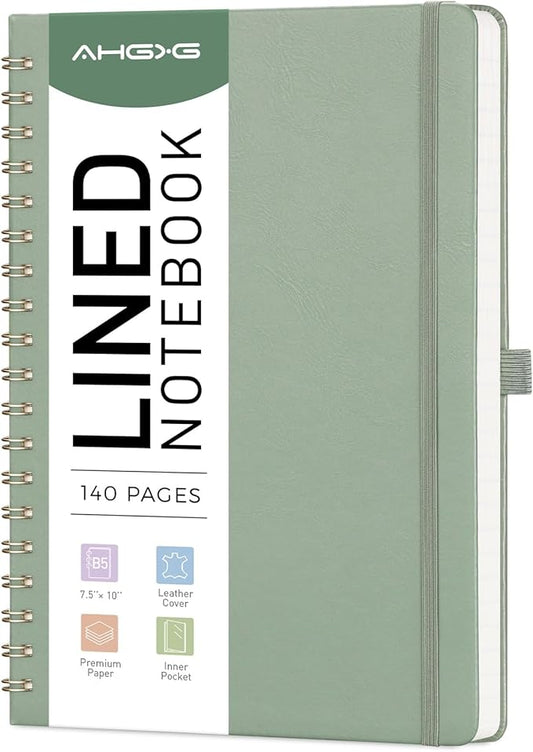 AHGXG Lined Spiral Journal Notebook, 140 Pages, B5 (7.6" x 10") | Journals for Women, Hardcover Leather Notebook College Ruled, 100 GSM Paper, for Work School Note Taking (Sage Green)