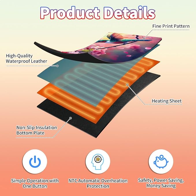 Heated Desk Pad Large Mouse Pad 23.6 x 14.1 inch with 3 Levels Heating & Auto Shut-Off Warm Mouse pad PU Leather Computer Mousepad for Home Office Work - Cherry Blossom and Hummingbird