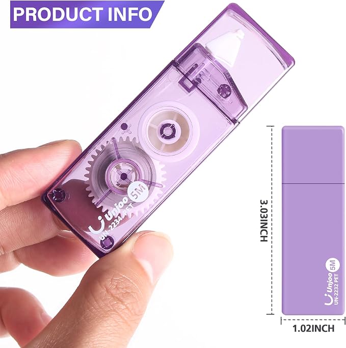 Unjoo Mini White Correction Tape Set (12pack, 5M/196" x 0.2", Purple) | Aesthetic Cute Correction Tape, Easy To Use, For school, Office Workers