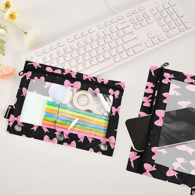 Pink Bow Black Pencil Pouch for 3 Ring Binder 2 Pack Zipper Binder Pencil Bag Case with Clear Window Office Supplies