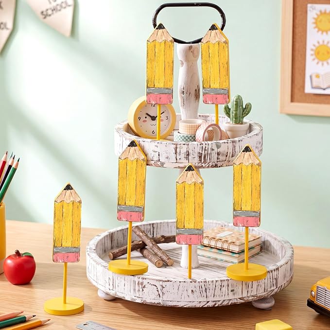 6 Pcs Back to School Table Decor Wooden Pencil Table Centerpieces Farmhouse Rustic Pencil Decorations for First Day of School Classroom Desk Home Shelf Tiered Tray Tabletop Decor