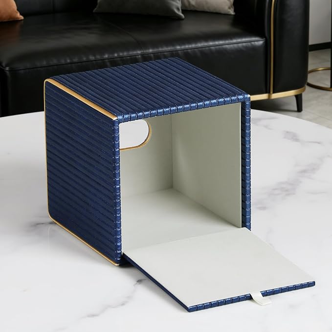 Square PU Leather Tissue Box Cover with Magnetic Closure, Decorative Tissue Holder & Storage Container for Bedroom, Living Room, Dining Room, Bathroom, Countertop, Desk (Square Blue)