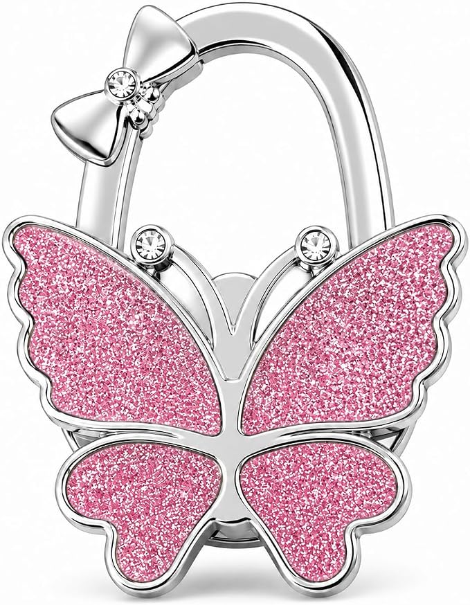 Purse Hook for Table, Foldable Handbag Hanger Holder for Women | Portable Bag Holder with Non-Slip Base, Cute Pink Glitter Butterfly Purse Table Hook for Restaurant Office Travel Gift