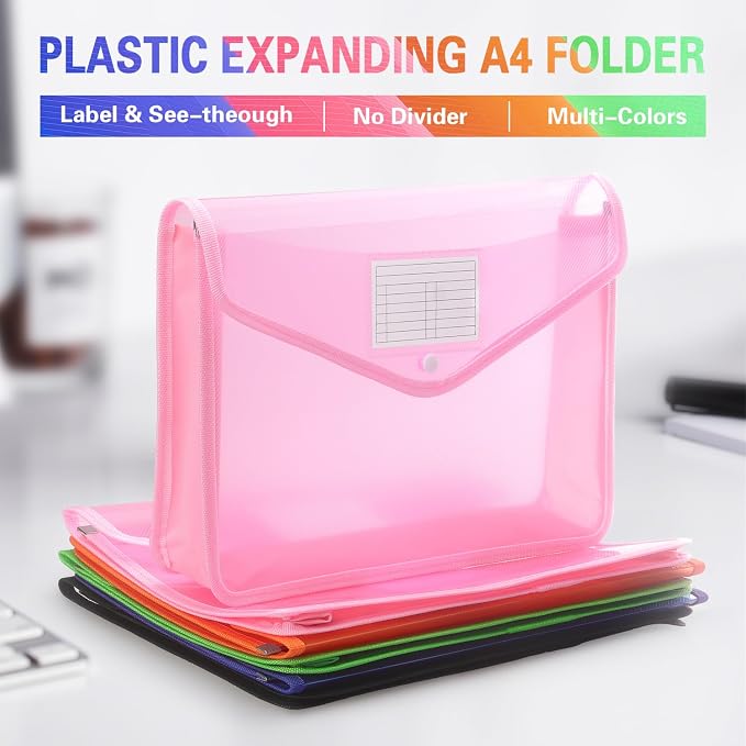 Tamaki Plastic Expanding File Folder, Fit Letter/A4 Size, Pink, 1 Pack | Transparent envelopes with Snap Closure, No Dividers, Large Capacity
