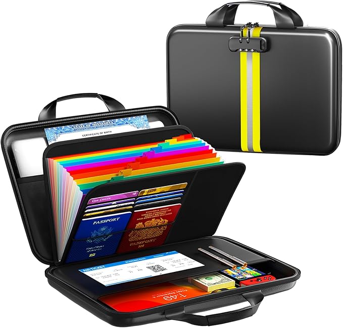 Fireproof Document Organizer with Lock, Rigid EVA File Box with 13-Pocket Accordion Folder for Important Documents & Tablets under 11", Lightweight Safe Storage for Home, Office & Travel (Small Size)