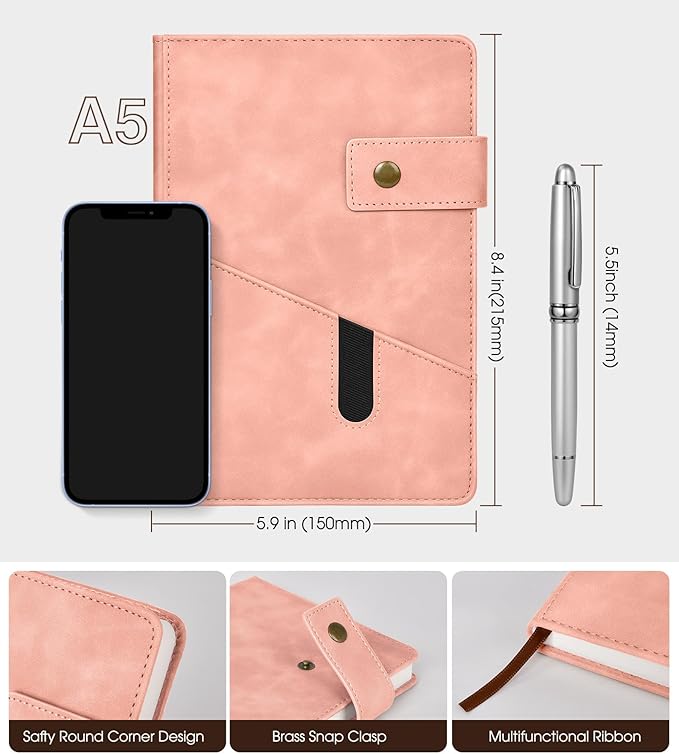 Lined Journal Notebook with Pen, A5 Personalized Hardcover Leather Journal for Men Women, 200 Pages 100 GSM Thick Paper College Ruled Notebooks for Work Travel School Writing Diary 5.9" X 8.4" Pink