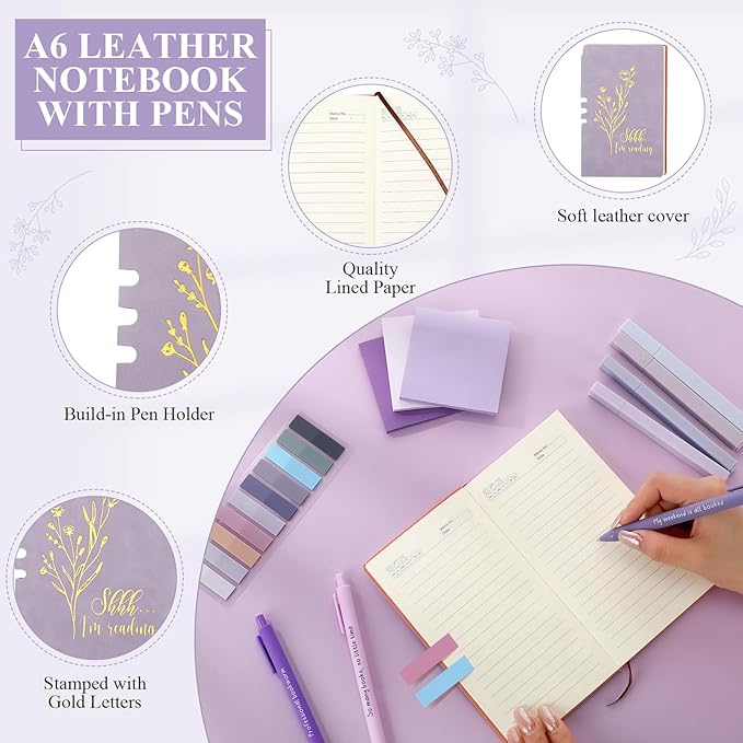 Havawish 14 Pcs Book Lovers Gift for Women 16 oz Glass Cup Tote Bag A6 Journal Notebook Pens Highlighters Sticky Notes Back to School Teacher Librarian Bookish Book Club(Purple,Aesthetic)