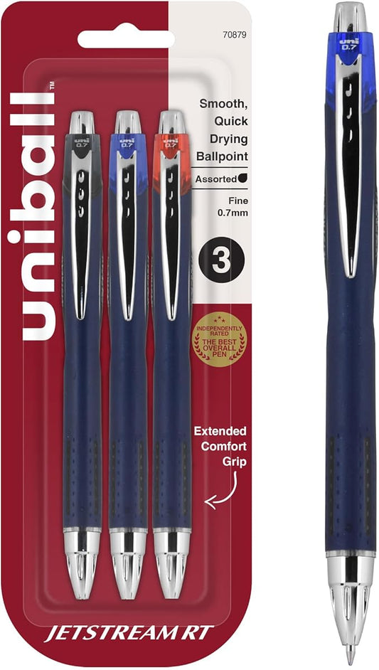 uniball™ Jetstream RT Ballpoint Pens, Black, Blue & Red Ink, 3 Count | 0.7mm Fine Point, Retractable, Smooth Writing, Quick-Drying, Smear-Resistant, uni Super Ink™