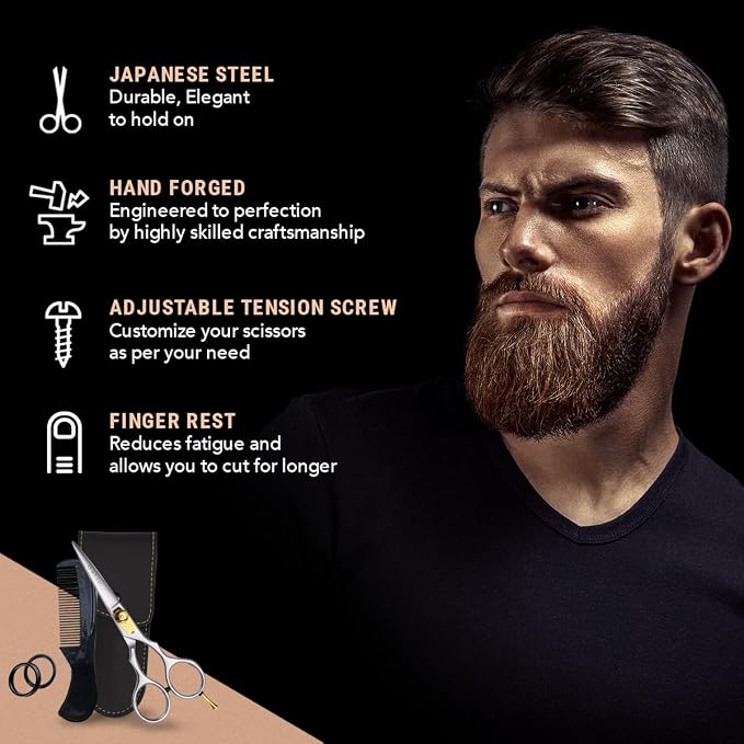 Ontaki Beard & Mustache Scissors for Men - 5.5" Japanese Steel, Silver | Precision Sharp Blades, Ergonomic Finger Rest & Adjustable Tension Screw for Perfect Trimming - Beard Grooming Scissors