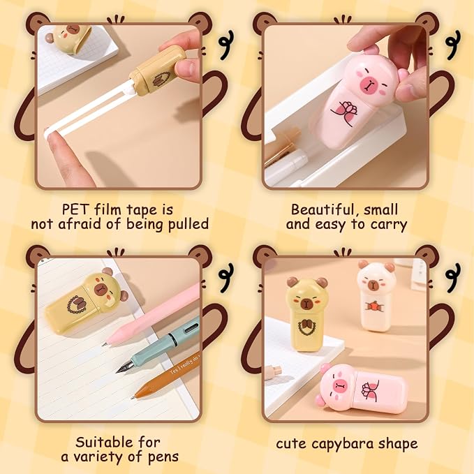 Geluode 3 Pack Capy Correction Tape Cartoon Correction Tape Cute White Out Cute Kapibala School Supplies for Student Writing Office School Stationery Supplies, 1/5in.x 19.7ft.(5mm x 6m)