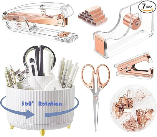 Gawsey Rose Gold Desk Organizers and Accessories with Desk Organizer 360° Rotating Pen Holder and Office Supplies, Cute Stationery Supplies Set