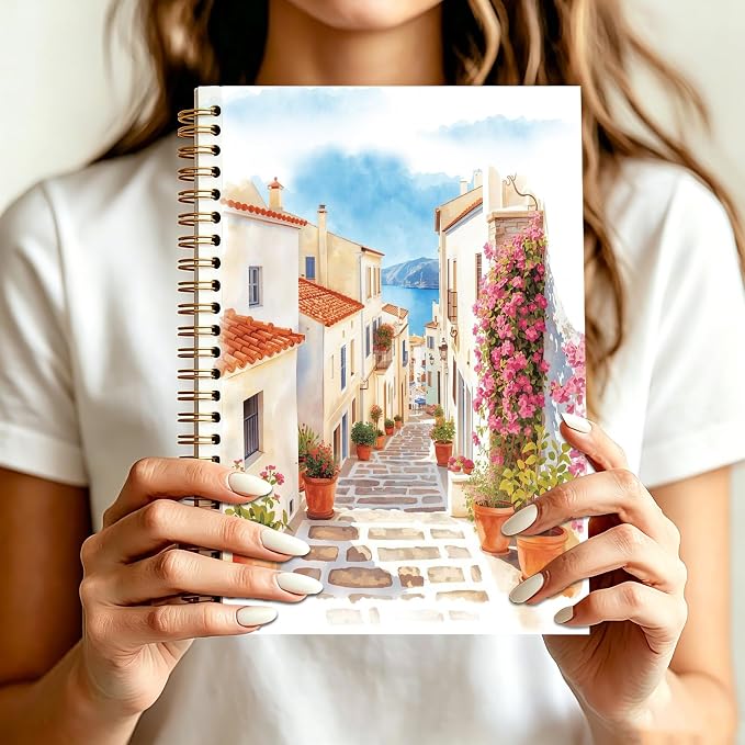 Coastal Village Scenery Journal Notebook 5.5x8.3, Greek Island Coastal Seascape Journal, Traveler Gifts, Romantic Mediterranean Landscape Notebooks for Work