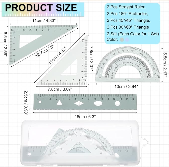 PATIKIL Geometry Set, 6 Inch Aluminum Ruler & 2 Triangles, Metal Protractor Ruler Math Drafting Measuring Tool for Home Office Math Drawing Engineering Art,Gradient Green/Gradient Blue