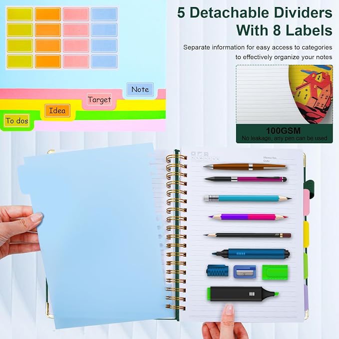 Hardcover Spiral Notebook 8"x10" Journal Notebook with Tabs and Removable Dividers 300 Pages 5 Subject Notebook College Ruled, Faux Leather Spiral Bound Notebook for Women School Work (Green)