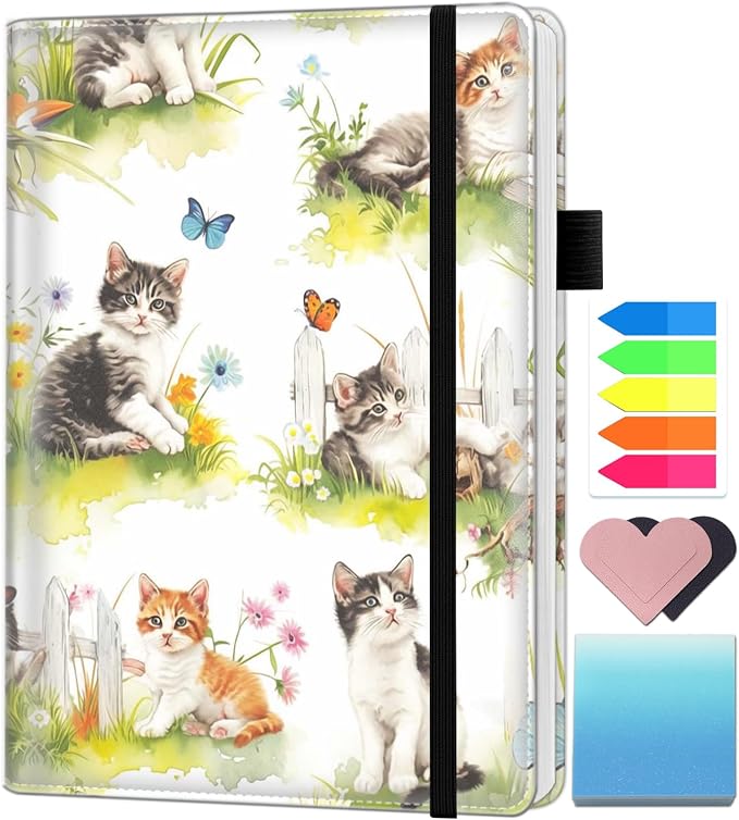 A5 Leather Lined Journal Notebook, 200 Pages Hardcover Executive Notebook for Office School Note Taking, Thick Writing Paper Daily Journal with Bookmarks/Indexes, Watercolor Cats and Flowers