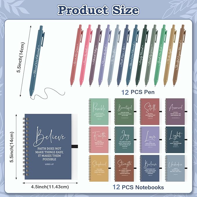 36 Pcs Christian Bulk Gifts for Women: Boho Prayer Journal Religious Gifts | 12 Bible Verse Spiral Notebooks, 12 Scripture Pens, 12 Magnetic Bookmarks, Small Church Journal for Bible Study Groups Pastor