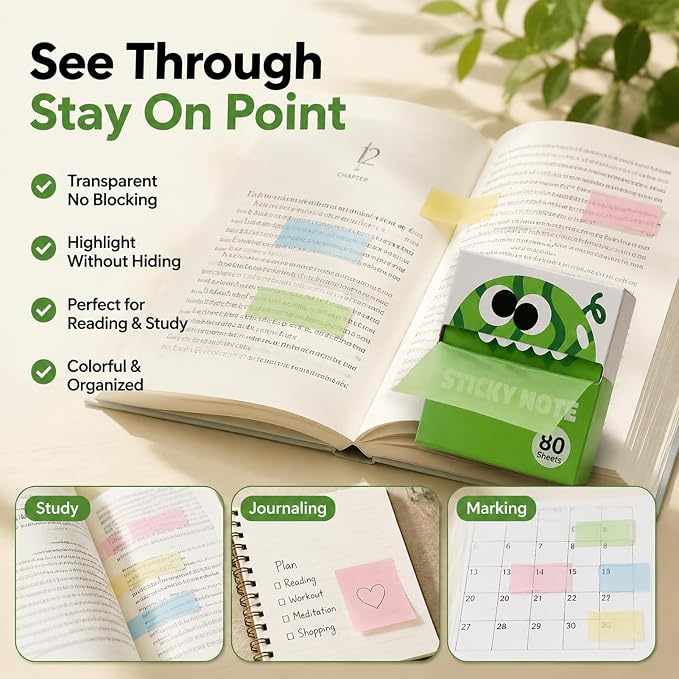 Cute Fruit Monster Pop Up Sticky Notes, Transparent Sticky Notes，6 Boxes | Reusable Office Stationery with Strong Adhesion, No Residue, 50 Reuses Per Sheet, Fun Desk Essential for Office & Study