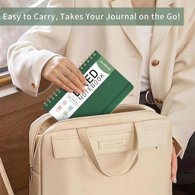 AHGXG Lined Spiral Journal Notebook, 140 Pages, A5 (5.7" x 8.3") | Journals for Women, Hardcover Leather Notebook College Ruled, 100 GSM Paper, for Work School Note Taking (Dark green)