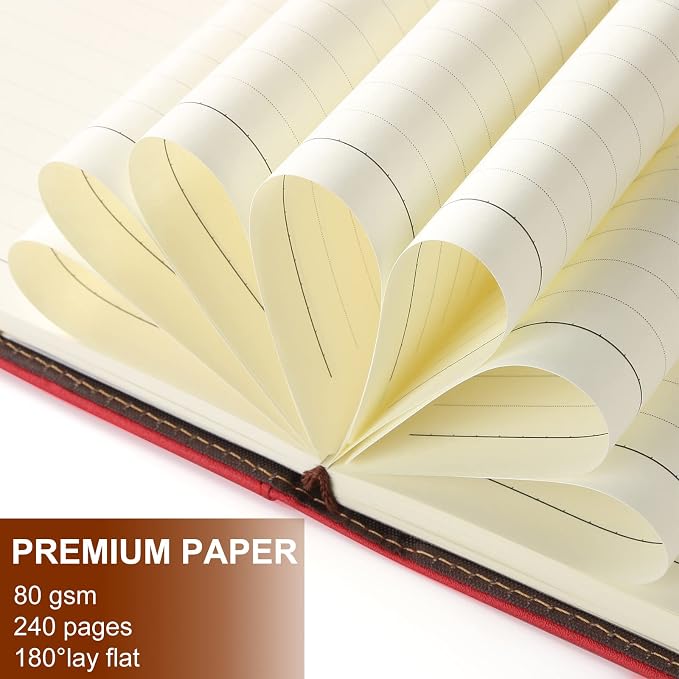 A5 Lined Leather Journal with Pen, 240 Pages Refillable Hardcover Notebook with Pocket and Magnetic Buckle, 80gsm Thick Daily Diary for Men and Women, Great Gift for Business Travel Personal - Red