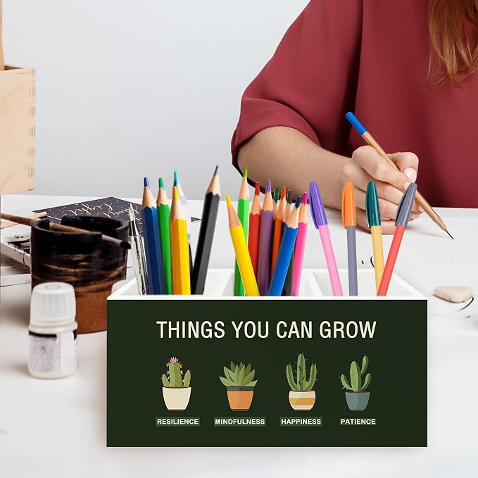 Mental Health Pen Pencil Holder Organizer for Desk, Things You Can Grow Motivational Wooden Box Signs Decorations for Therapy Counselor Office Desk Tabletop, Inspirational Office Decor