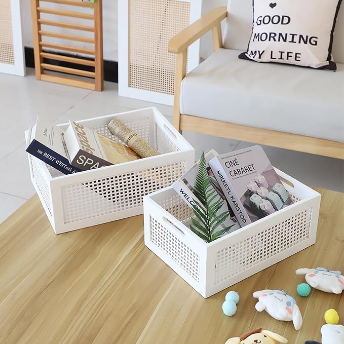 Desktop Storage Basket, Sundry Office Drawer Storage Box, Wood Frame Storage Basket. (White-Set2)