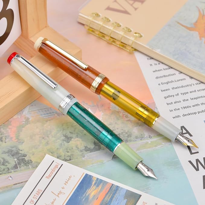 2PCS Jinhao 82 Fountain Pen Extra Fine Nib & Fine Nib with Converter, Mixed Transparent Green Yellow Writing Pen Set
