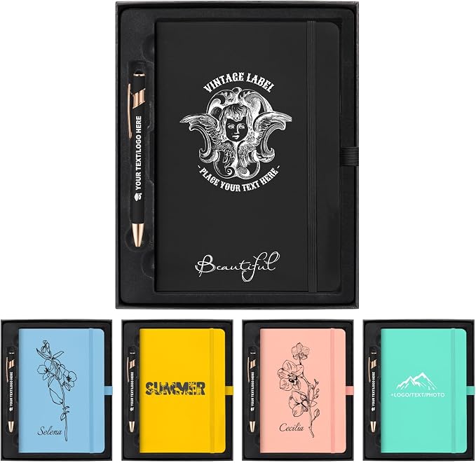 Personalized Journal Set Custom A5 Notebook & Pen with Gift Box, Black