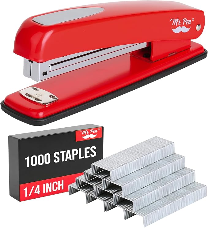 Mr. Pen- Red Office Stapler with Staples, 1000 Staples 1/4" | 20 Sheet Capacity, Desktop Stapler for Students, Office Supplies, Ergonomic Design for Comfortable Use