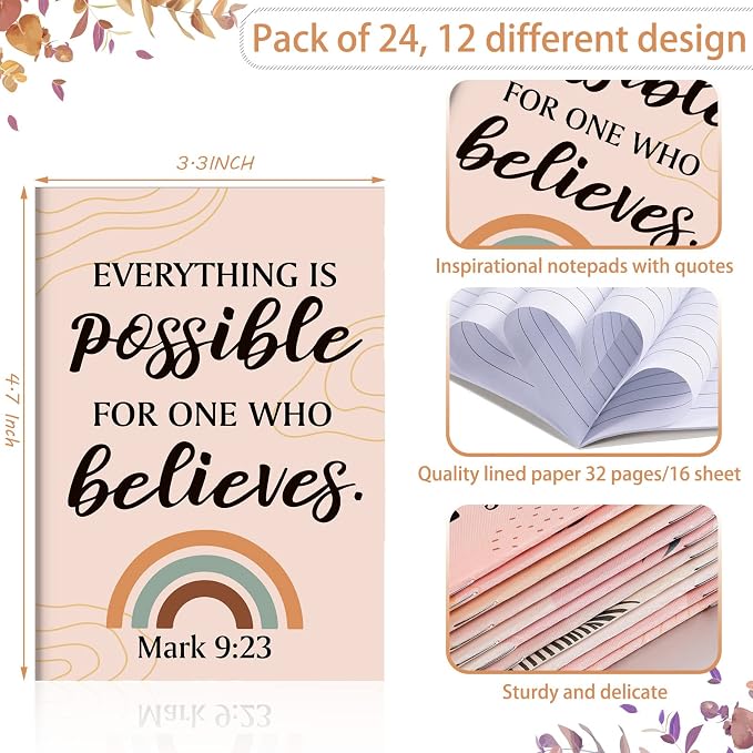 Tatuo 24 Pcs Boho Christian Affirmation Mini Notebook for Women Religious Motivational Notepads Bible Verse Pocket Journal Inspirational Scripture Notepads VBS Volunteer Appreciation Gifts, 3.3x4.7 In