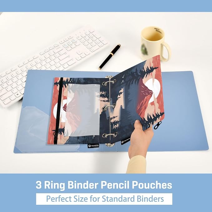 A Mountain Pencil Pouch Fits standard 3-ring binders, Zipper Binder Pencil Bag with Clear Window for Office 2 Pack