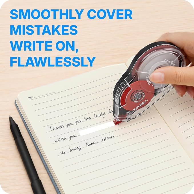 OWLKELA 2 Pack Plus Correction Tape, Tear-Resistant White Correction Tape, No Dry Time, Easy to Use, Office & School Supplies, 0.2 in Wide, 98.4 Ft, Red Core, Blue Core