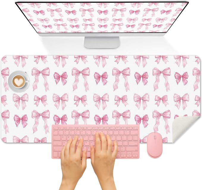 Britimes Pink Ribbon Bow Desk Mat Cute Girl Deak Pad Non-Slip PU Leather Large Keyboard Mouse Pad Office Desktop Accessories for Office,Work,Home Decor(31.5"X15.7")
