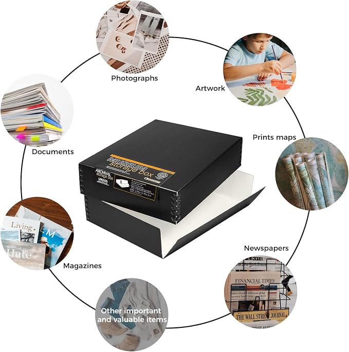 Lineco Drop Front Archival Storage Box, 9.75x12.75x3 in, Black, 2 Pack | Acid-Free with Metal Edge, Preserves Picture Longevity, Organize Photos, Newspapers, Prints, Documents, Crafts, DIY